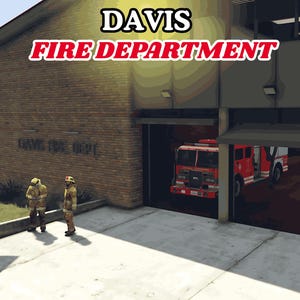 Peut inclure: Vue extérieure du bâtiment des pompiers de Davis. Un camion de pompiers rouge est garé dans le garage ouvert. Deux pompiers en tenue de protection se tiennent à l'extérieur. Le texte "DAVIS FIRE DEPARTMENT" est affiché au-dessus du bâtiment.