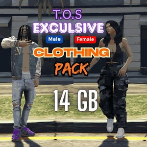 Puede incluir: Imagen de dos figuras modelando ropa. El texto dice "T.O.S EXCULSIVE CLOTHING PACK" con etiquetas "Male" y "Female". La imagen también muestra "14 GB". La figura masculina lleva una chaqueta, vaqueros y zapatos morados. La figura femenina lleva un top negro y pantalones de camuflaje.