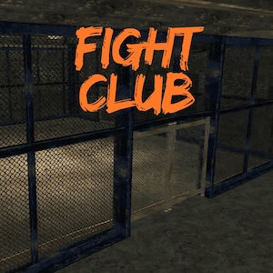 Può includere: Una gabbia di metallo con le parole "FIGHT CLUB" in arancione, con lettere in stile pennello. La gabbia ha un telaio blu scuro e una recinzione a rete metallica. Lo sfondo è una struttura scura simile al cemento.
