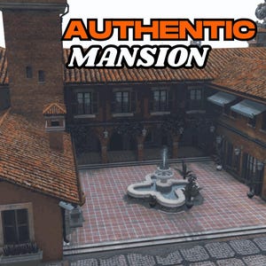Può includere: Vista aerea di un'ampia villa a più piani con tetto in tegole rosse e facciata in mattoni. Il testo "AUTHENTIC MANSION" è visualizzato in alto. Un cortile con fontana e pavimentazione in mattoni rossi è visibile.