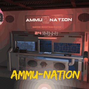 Op de afbeelding: Een indoor schietbaan met de tekst "AMMU-NATION" in het geel en "INDOOR SHOOTING RANGE" boven de balie. Links hangt een roze en witte lantaarn. De balie heeft ramen en airconditioning units.