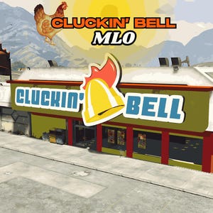 Può includere: Illustrazione di un ristorante chiamato "Cluckin' Bell". L'edificio ha una facciata verde con finiture rosse e il testo "Cluckin' Bell" in blu. È presente un logo di pollo e campana dei cartoni animati. Lo sfondo mostra un cielo giallo e montagne.