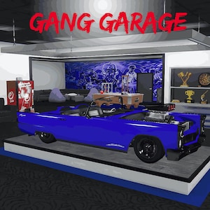 May include: A vibrant blue convertible car is displayed in a garage setting. The car is the focal point, with its hood open, revealing the engine. The words "GANG GARAGE" are written in red above the car.
