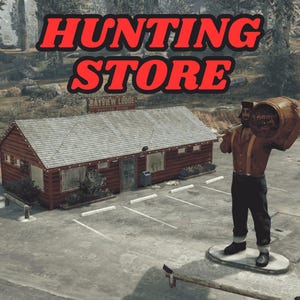 May include: An outdoor scene featuring a red-roofed log cabin with the text "HUNTING STORE" in red letters. A statue of a lumberjack holding a barrel stands in front of the building. The sign on the building reads "BAYVIEW LODGE".