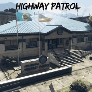 May include: A building with the text "HIGHWAY PATROL" at the top. The building has a sign that reads "SAN ANDREAS HIGHWAY PATROL". Two flags are displayed, one American flag and one with a blue background and a seal. The building has a light blue roof.