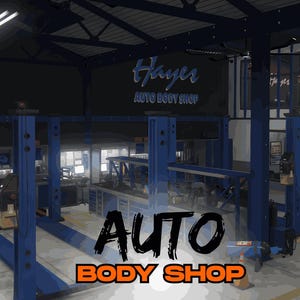 May include: An auto body shop interior with blue lifts and equipment. The shop has a sign that reads "Hayes Auto Body Shop". The words "AUTO BODY SHOP" are written in large letters across the bottom of the image.