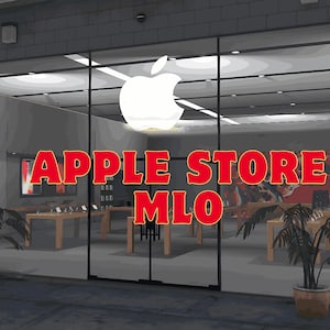 Op de afbeelding: Buitenaanzicht van een Apple Store met grote glazen ramen. Een prominent wit Apple-logo staat boven de ingang. Rode tekst op het glas luidt "APPLE STORE MLO". Potplanten flankeren de ingang.