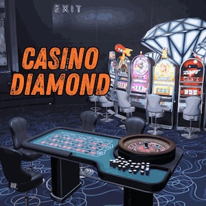 Op de afbeelding: Een casino-interieur met gokautomaten, een roulettetafel en de tekst "CASINO DIAMOND" in oranje. De achtergrond toont een grote diamant en stoelen.