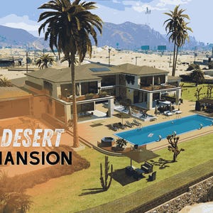 Può includere: Vista aerea di una villa nel deserto con piscina, palme e la scritta "DESERT MANSION". La casa ha un design moderno con più livelli e ampie finestre. Il paesaggio comprende vegetazione desertica e montagne sullo sfondo.
