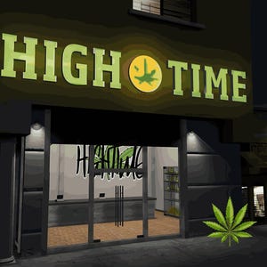 Può includere: Vista esterna notturna di un negozio con l'insegna "HIGH TIME" a lettere verdi. Una foglia di cannabis è al centro della "O". Le porte a vetri del negozio rivelano un interno luminoso. Una grande foglia di cannabis è sul marciapiede.