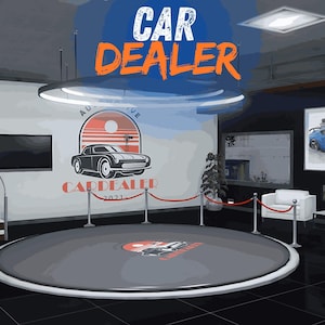 Può includere: Interno di una concessionaria auto con un palco, un grande schermo e un logo dell'auto. Le parole "CAR DEALER" sono visualizzate in bianco e arancione. Un'auto sportiva blu è esposta in un'immagine incorniciata.