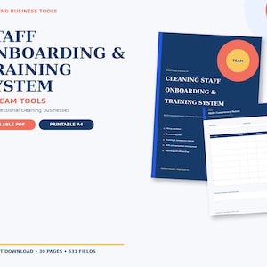 Puede incluir: Un sistema digital de incorporación y formación de personal para empresas de limpieza, con 28 herramientas, PDF rellenable y formato A4 imprimible. El conjunto incluye una portada y una matriz de competencias con diseño de cuadrícula.