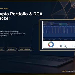 May include: A digital display showing a Crypto Portfolio & DCA Tracker Excel system. The screen features a dark blue spreadsheet with financial data, a pie chart, and a bar graph. Text includes Claritysheet Works, Excel .xlsx, Demo + Clean, and Manual price updates.