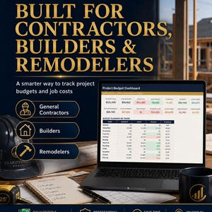 May include: A dark blue promotional graphic for Claritysheet Works featuring a laptop displaying a Project Budget Dashboard, a hard hat, a measuring tape, a notebook, and a pen. Text includes BUILT FOR CONTRACTORS, BUILDERS & REMODELERS.