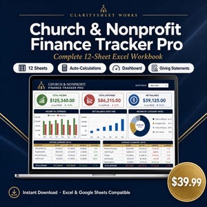 May include: A digital Church & Nonprofit Finance Tracker Pro Excel workbook displayed on a laptop screen. The interface features a dashboard with total income, expenses, net balance, bar charts, and a pie chart. It includes 12 sheets and auto-calculations.