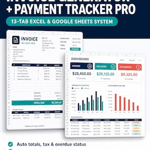 Peut inclure: Un système de feuille de calcul numérique pour la facturation et le suivi des paiements intitulé Invoice Generator + Payment Tracker Pro. Il comprend une mise en page Excel et Google Sheets à 13 onglets avec facture et tableau de bord.