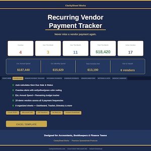 May include: A dark blue spreadsheet template titled "Recurring Vendor Payment Tracker." It features data summaries in white boxes, including overdue payments, amounts due, and active vendors. Key features are listed below the data.