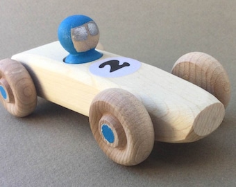 Blue RAINBOW RACER, #2.  Wooden toy race car.