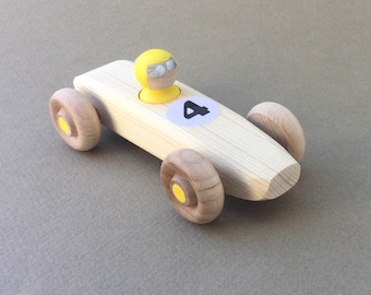 Yellow RAINBOW RACER, #4.  Wooden toy race car.