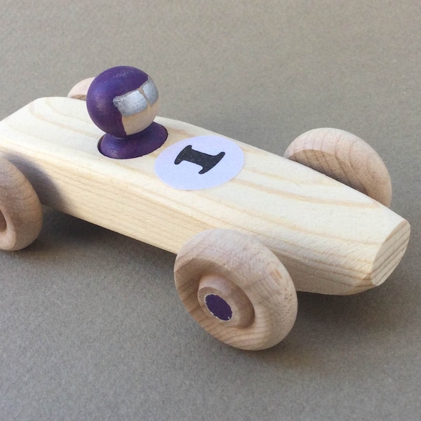 Purple RAINBOW RACER, #1.  Wooden toy race car.