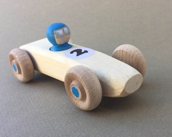 Blue RAINBOW RACER, #2.  Wooden toy race car.