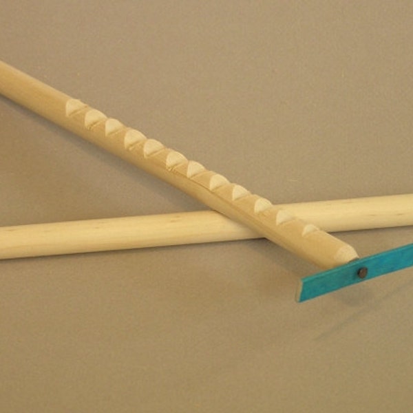 Hooey Stick with BLUE wooden spinner.  Also called a whimydiddle or gee-haw stick.  A natural wood toy.