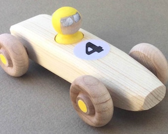 Yellow RAINBOW RACER, #4.  Wooden toy race car.
