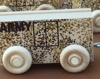 Wooden Toy Train Box Car for Army Train, Desert Camouflage