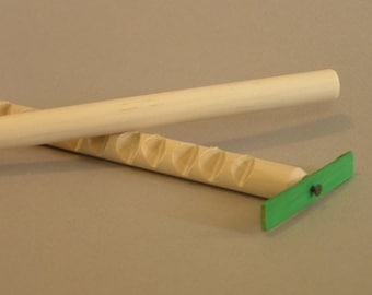 Hooey Stick with GREEN wooden spinner.  Also called a whimydiddle or gee-haw stick.  A natural wood toy.