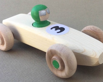 Green RAINBOW RACER, #3.  Wooden toy race car.