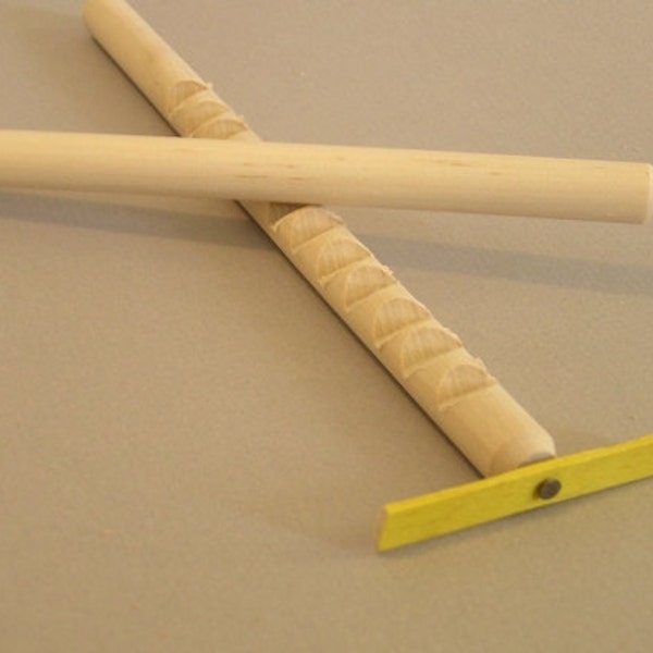 Hooey Stick with YELLOW wooden spinner.  Also called a whimydiddle or gee-haw stick.  A natural wood toy.