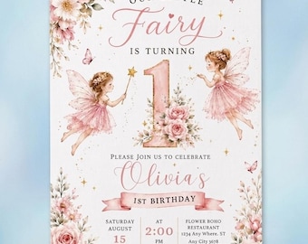 Fairy First Birthday Invitation Editable, Pink Floral Fairy Girl Invite, Watercolor First Birthday Invitation, First Birthday Invite
