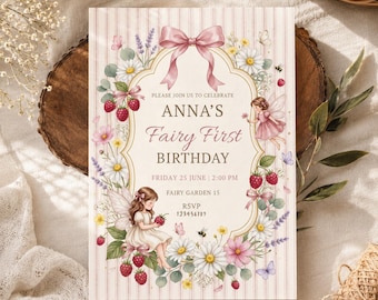 Fairy First Birthday Invitation Template, Editable Raspberry Bow Cottagecore Invite, Berry Wildflower Digital Download