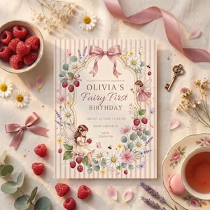 Coquette Fairy First Birthday Invitation, Raspberry Bow Cottagecore 1st Birthday Invite, Berry Wildflower Fairy Template, Editable