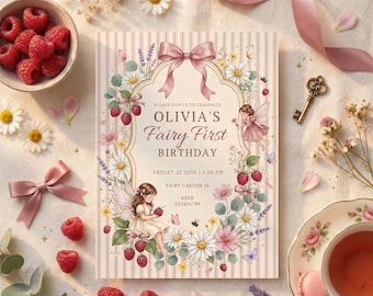 Coquette Fairy First Birthday Invitation, Raspberry Bow Cottagecore 1st Birthday Invite, Berry Wildflower Fairy Template, Editable