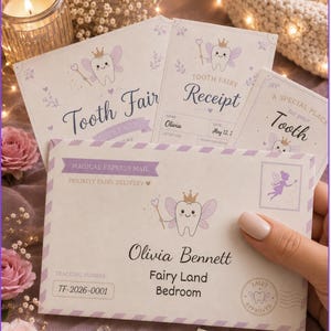 May include: A white envelope and cards featuring a cartoon tooth fairy with a crown and wand. The envelope is addressed to Olivia Bennett at Fairy Land Bedroom with tracking number TF-2026-0001. The cards include a Tooth Fairy Receipt and a note.