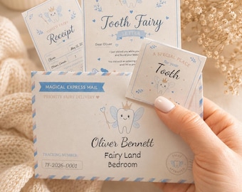 Kit garçon fée des dents bleu Bundle imprimable certificat perdu modèle modifiable lettre reçu enveloppe pochette support ensemble téléchargement numérique d'abord