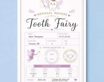 Certificado imprimible editable del Hada de los Dientes / Primer diente perdido / Carta realista del Hada de los Dientes / Carta del Hada de los Dientes para niños / Diente perdido