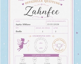 Bearbeitbare Zahnfee-Quittung zum Ausdrucken | Zertifikat für den ersten verlorenen Zahn |  Zahnfee-Brief für Kinder