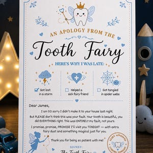 Op de afbeelding: Een excusesbrief van de Tandenfee met een grillig ontwerp. De tekst luidt "An Apology From The Tooth Fairy" en bevat redenen voor de vertraging. De brief is versierd met blauwe accenten en een feeënillustratie.