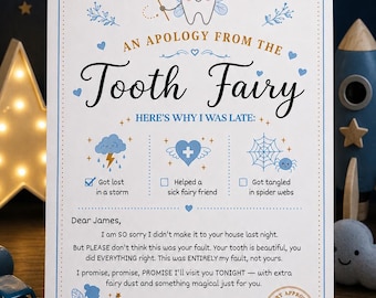 Tooth Fairy Apology Letter for Boys, Blue Printable I'm Sorry Note, Editable Boy Tooth Fairy Template, Bonus Pink Version Included