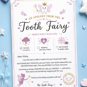 Op de afbeelding: Een grillige Tooth Fairy-verontschuldigingsbrief op wit papier met een roze en gouden rand. De brief bevat tekst en illustraties van een tand met vleugels, een kroon en een fee. De tekst luidt "An Apology From The Tooth Fairy."