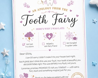 Tooth Fairy Apology Letter for Girls, Pink Printable I'm Sorry Note, Editable Tooth Fairy Template, Bonus Blue Version Included