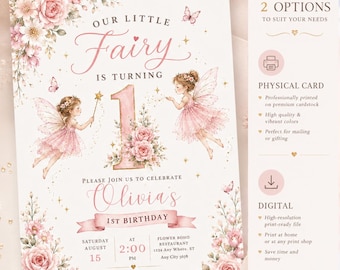 Fairy 1st Birthday Invitation Printed or Digital, Pink Floral Fairy Princess Invite, Watercolor First Birthday Invitation, Editable Template