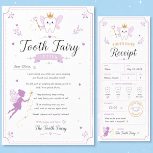 May include: A Tooth Fairy letter and receipt set. The letter is addressed to Olivia and features a fairy illustration. The receipt includes details like the date, tooth collected, and payment amount. The design is in soft purple and gold.