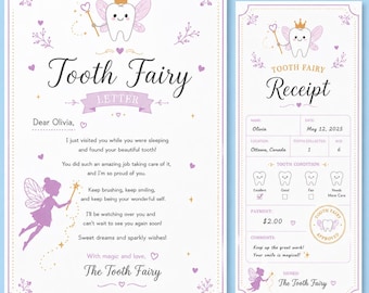 Tooth Fairy Letter and Receipt Set for Girls, Pink Printable Tooth Fairy Kit, Editable Lost Tooth Bundle, Bonus Blue Boy Version