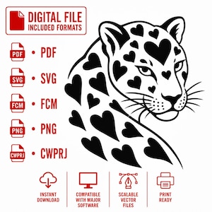Puede incluir: Un gráfico digital en blanco y negro de una cabeza de leopardo con manchas en forma de corazón. La imagen incluye texto que enumera los formatos de archivo: PDF, SVG, FCM, PNG y CWPRJ, junto con iconos de descarga instantánea y compatibilidad.