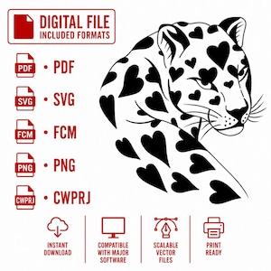 Puede incluir: Un gráfico digital en blanco y negro de una cabeza de leopardo con manchas en forma de corazón. El texto dice DIGITAL FILE INCLUDED FORMATS, PDF, SVG, FCM, PNG, CWPRJ, INSTANT DOWNLOAD, COMPATIBLE WITH MAJOR SOFTWARE, SCALABLE VECTOR FILES, PRINT READY.