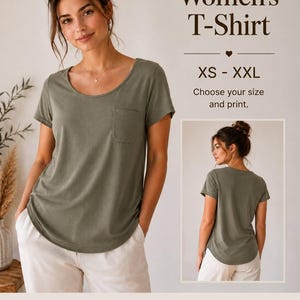 Puede incluir: Una camiseta de color verde salvia de manga corta con cuello redondo y un bolsillo en el pecho. El texto dice: Women's T-Shirt, XS - XXL, Choose your size and print, Digital Download, PDF Pattern A4 / US Letter, XS - XXL Sizes, Sewing Pattern.