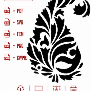 Puede incluir: Un gráfico de diseño paisley negro con texto que enumera los formatos de archivo digital PDF, SVG, FCM, PNG y CWPRJ. La imagen incluye iconos para descarga instantánea, compatibilidad con software, archivos vectoriales y listo para imprimir.